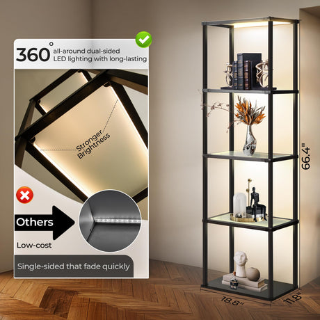 Tall Display Shelf Floor Lamp, Dimmable LED lamp with 3 Color Temperatures, Sturdy Glass Curio Cabinet Bookcase with Remote Control, Floor Lamp with Shelves for Living Room Decor, Collectibles (Black) Wio-Mio