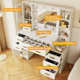 DYHOME Makeup Vanity Desk with Mirror and Lights & Charging Station, 49" Large White Vanity Desk with 3 LED Light Modes, Make Up Vanity Table Makeup Desk with 7 Drawers & 3 Cabinets for Bedroom DYHOME