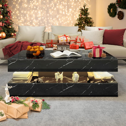 47inch High Glossy LED Coffee Table with Wireless Charging and Speaker, Modern Coffee Table With 2 Sliding Drawers, Double-Layer Center Tables with LED Light, Marble CoffeeTable for Living Room, Black