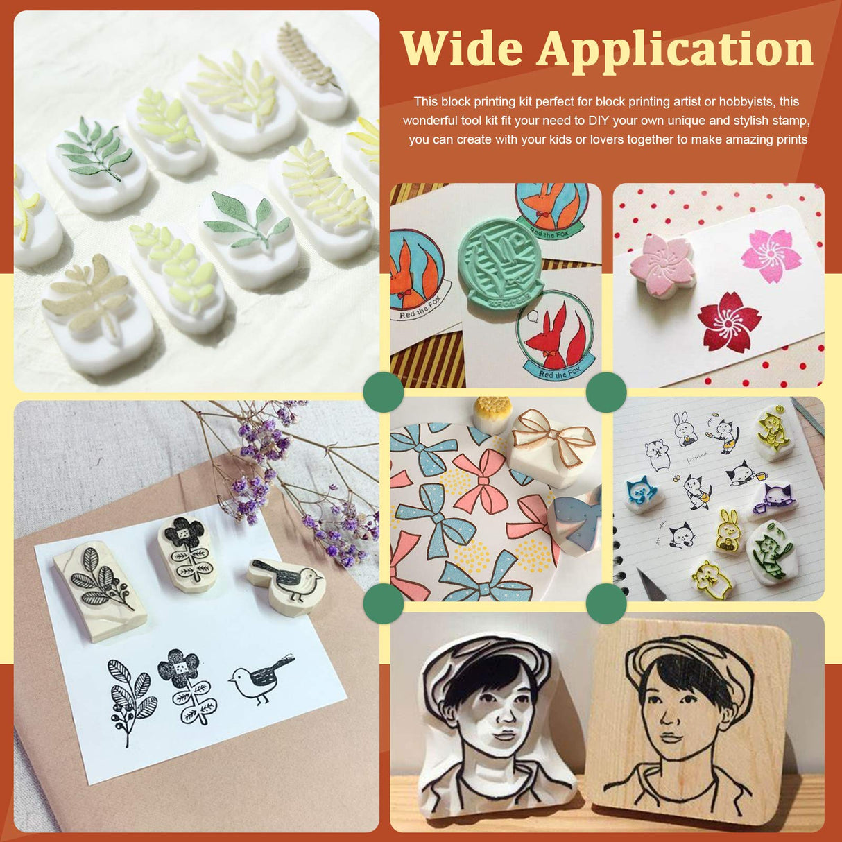 Keadic 24 Pieces Rubber Block Stamps Carving Starter Tool Kit, Comes with Stamp Block, Ink Roller, 6 Carving Tools, Tracing Papers, Pencil & Ink Mixing Tray for Stamp Carving and Printmaking Keadic