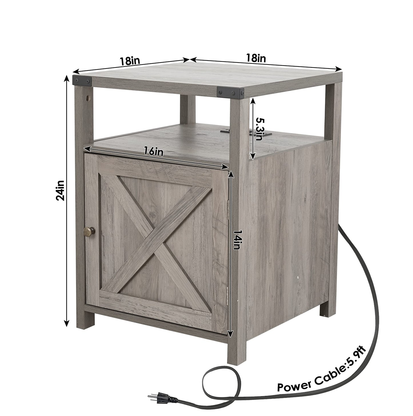 HOSEOKA Farmhouse Nightstand with Charging Station, Rustic End Table Bedroom with Storage Living Room Side Table Grey Night Stand Industrial Bedside Bed Table with USB Ports and Outlets - WoodArtSupply