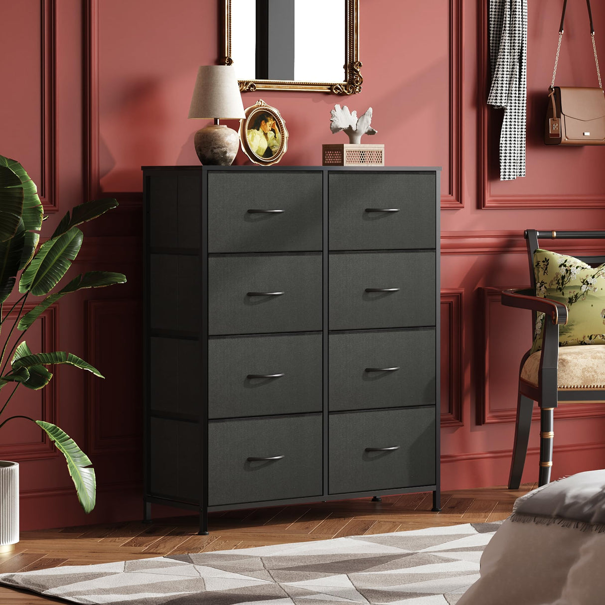 WLIVE Fabric Dresser for Bedroom, Tall Dresser with 8 Drawers, Storage Tower with Fabric Bins, Double Dresser, Chest of Drawers for Closet, Living Room, Hallway, Charcoal Black WLIVE