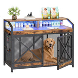 HOOBRO 43.3" Large Dog Crate Furniture with LED Lights, Heavy Duty Dog Kennel Indoor with Storage Shelves, Wooden Crate End Table for Large Medium Dogs, Rustic Brown and Black BF89DGW03 HOOBRO