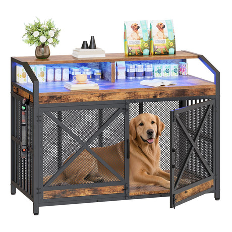 HOOBRO 43.3" Large Dog Crate Furniture with LED Lights, Heavy Duty Dog Kennel Indoor with Storage Shelves, Wooden Crate End Table for Large Medium Dogs, Rustic Brown and Black BF89DGW03 HOOBRO