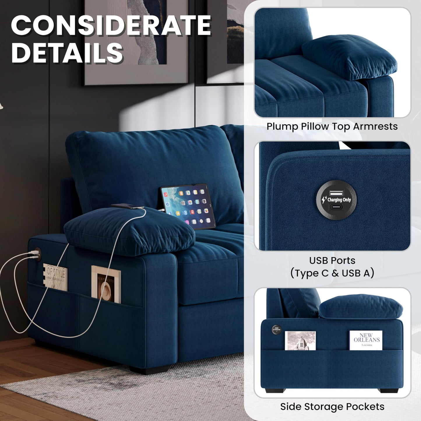 Yaheetech 79" Sofa Couch Modern Velvet Couch with Removable Covers & USB Ports Oversized Loveseat Sofas with Storage Pockets for Living Room Bedroom Apartment Blue