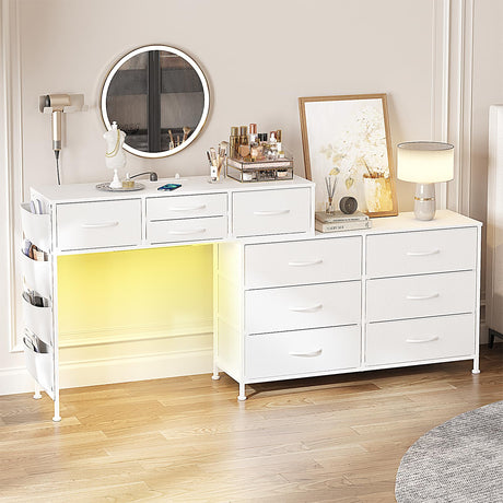 REAHOME Dresser for Bedroom with Charging Station and LED Light, 67" Rotatable Vanity Desk with LED Light and Side Pockets, Makeup Table with 10 Fabric Drawers, Modern Home Office Desks, White REAHOME