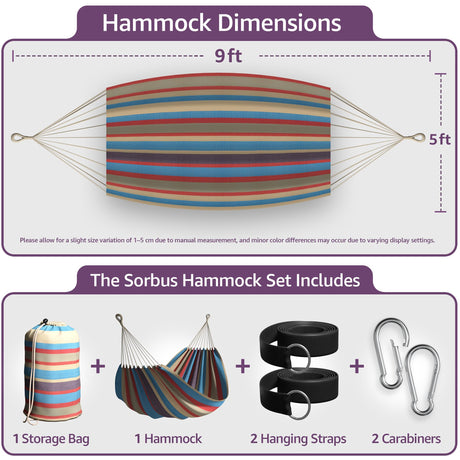 Sorbus® Brazilian Double Hammock - Extra-Long Two Person Portable Hammock Bed for Indoor or Outdoor Spaces - Hanging Rope, Carrying Pouch Included (Blue/Sand/Purple/Red Stripes) Sorbus
