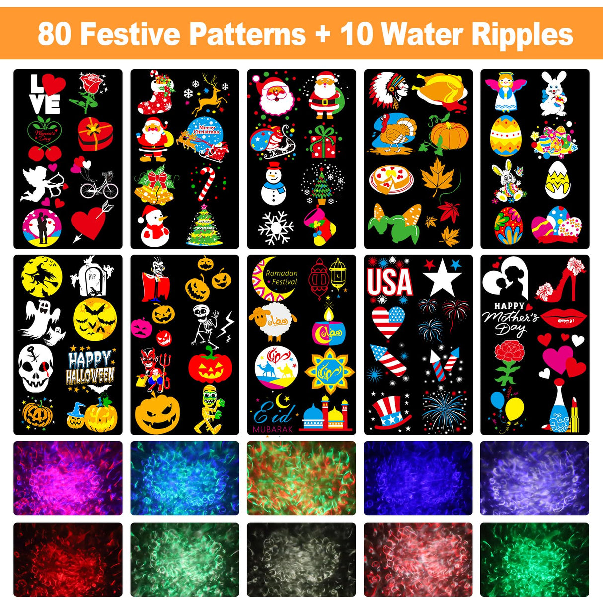 2025 Upgraded Brighter Halloween Decorations Projector Lights for Home, Display 8 Patterns at A Time (Ocean Wave & Patterns), 8 Themes Holiday Projector Christmas’ Day House Decoration Light Show FLITI
