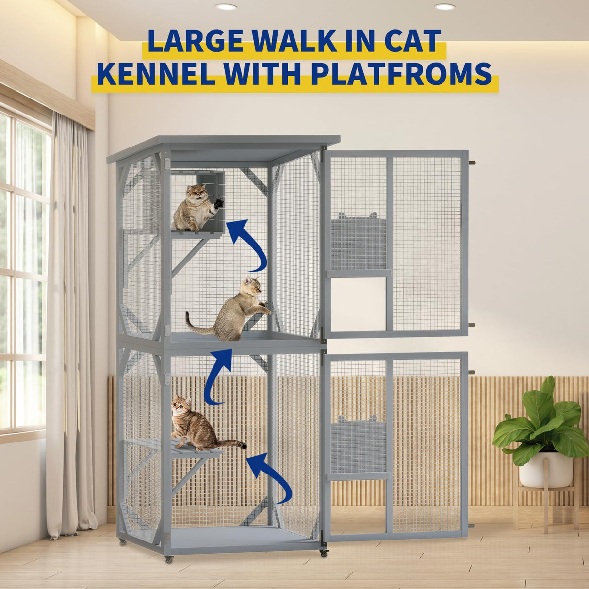 Catio, Outdoor Cat Enclosure with 3 Platforms, Outdoor Cat House with Fir Wood, Weatherproof Kitty Catio with Resting Box, 4 * 360° Wheels DEYGIA