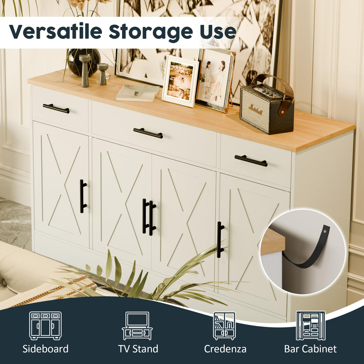 SUNLEI Buffet Cabinet with Storage, Farmhouse Storage Cabinet with 4 Doors and 3 Drawers, Coffee Bar Station Wood Buffet Table with Adjustable Shelf for Living Room, White SUNLEI