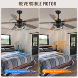 52" Ceiling Fans with Lights, Modern Farmhouse Caged Ceiling Fan with Light and Remote, Reversible Motor, 5 Double Finish Wood Blades, Chandelier Rustic Ceiling Fan for Living Rooms, Bedroom Oaks Aura