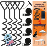 Eurmax USA Trampoline Stakes Heavy Duty Trampoline Parts Corkscrew Shape Steel Stakes Anchor Kit with T Hook for Trampolines -Set of 4 Bonus 4 Strong Belt,Black Eurmax