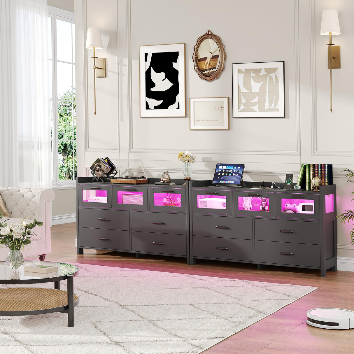 Alohappy 7 Drawers Dresser for Bedroom, Black Dresser with LED Lights and Charging Station, Wood Modern Dressers Chest of Drawers with 3 Visual Drawers, Storage Dressers Organizer for Bedroom, Hallway Alohappy