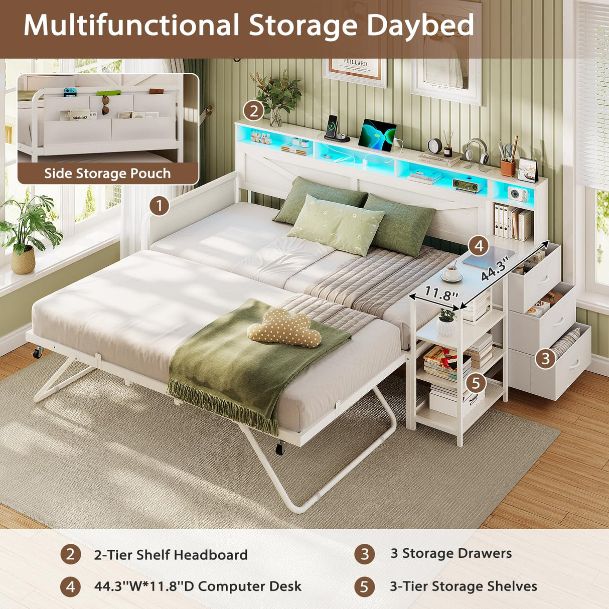 VIAGDO Daybed Twin with Pop Up Trundle, Farmhouse Wooden Day Bed Frame with 3 Storage Drawers and Shelves, Twin to King Daybed with Charging Station and LED Lights for Bedroom, Guest Room, White VIAGDO