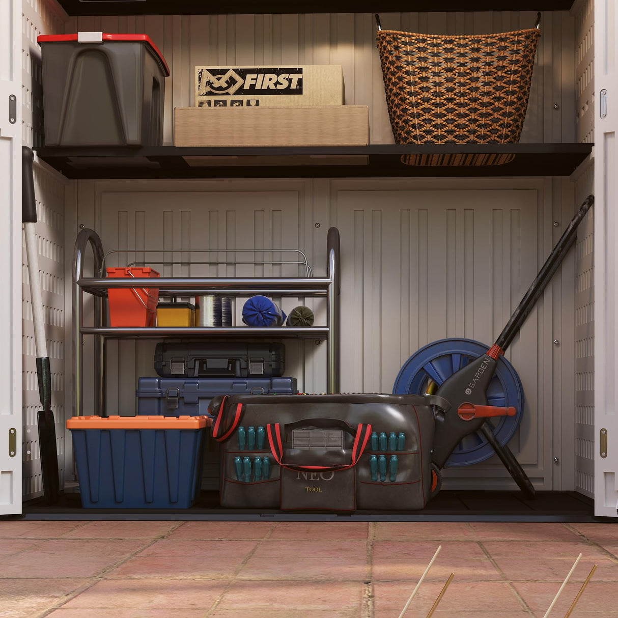 EHHLY Vertical Resin Storage Shed with 2 Shelves, 60 Cuft Garden Tool Sheds & Outdoor Storage, Plastic Outdoor Storage Cabinet Waterproof, 4.5 x 2.3 ft Backyard Outside Lawn Mower Storage Shed, White EHHLY