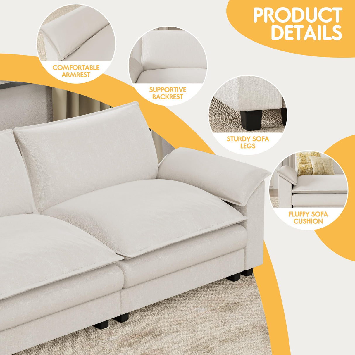 Homall 80" Modular Sectional Sofa, Loveseat Sofa Couch with Double-Layer Cushion, DIY Combination Chenille Deep 2-Seat Cloud Couch for Living Room, Apartment (White, Loveseat Sofa) Homall