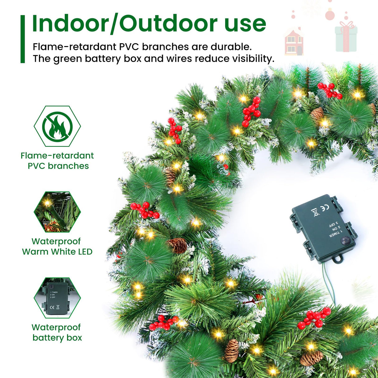 Christmas Garland with Lights, 50 LEDs 9FT Prelit Garland Battery Operated Outdoor Indoor Christmas Decorations Lighted Garland for Stairs Railing Fireplace Mantle Front Door Home Holiday Decor Xander