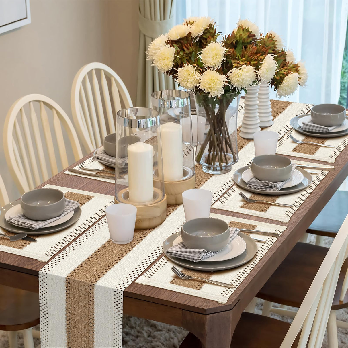 ADRIMER Placemats Set of 6, Handmade Round Woven Table Mats, Burlap Boho Table Place Mats and 1 Pcs 72 Inch Table Runner with Macrame for Kitchen and Dining Table Farmhouse Decor ADRIMER