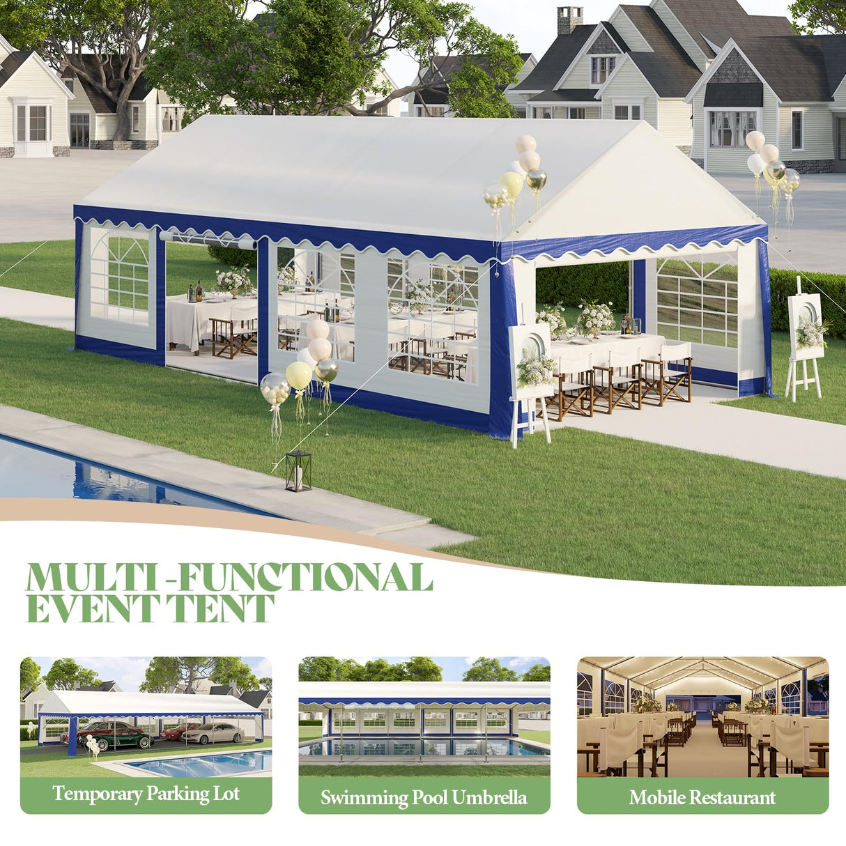 AMERLIFE 13 x 26 FT Party Tent with Rolled Sidewalls, Heavy Duty Wedding Tent for Party Outside with Zinc Alloy Tube & Spiral Stakes, Waterproof Event Shelters, White & Blue AMERLIFE