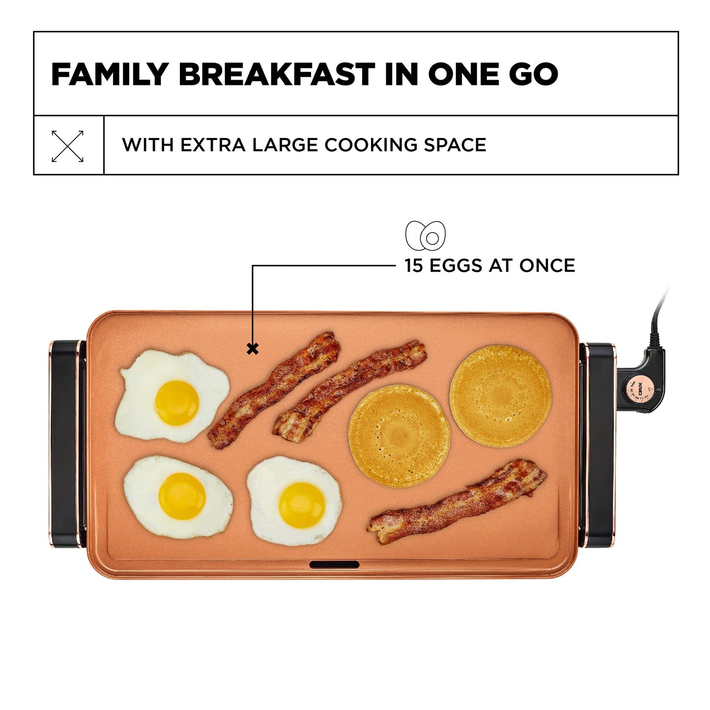 CRUX Electric Griddle with Nonstick Ceramic Coating, Cool-Touch Handles, and Slide-Out Drip Tray - Indoor Grill for Breakfast, Eggs, Pancakes, and Burgers