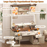 75.2" Farmhouse Makeup Vanity Desk with Large Lighted Mirror and Sliding RGB Cabinets, Large Vanity Table with Charging Station & 5 Drawers & Barn Doors, Tall Makeup Desk with Storage Shelves Aiguazi