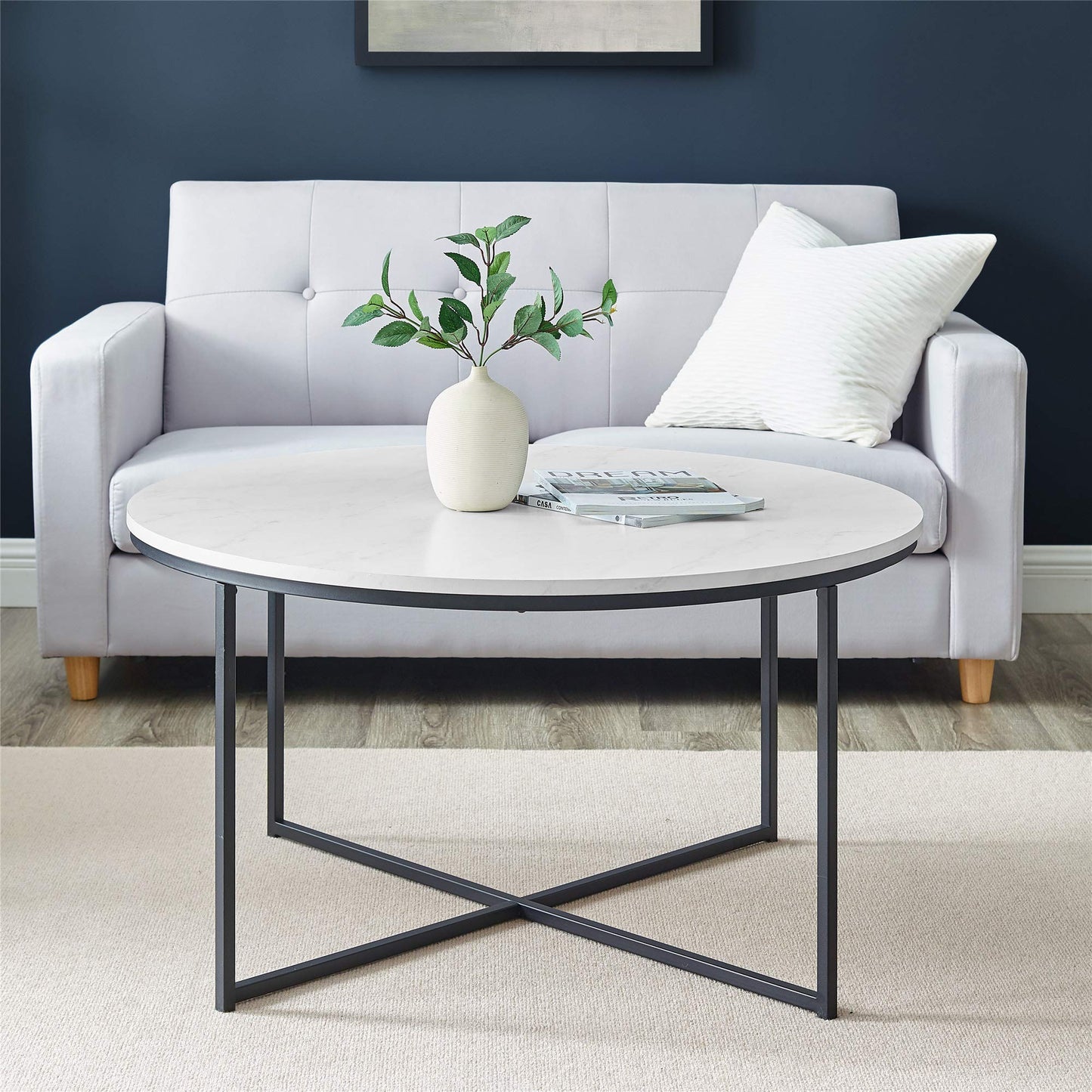 Walker Edison Cora Modern Round Faux Marble Top Coffee Table with X Base, 36 Inch, Marble and Black - WoodArtSupply