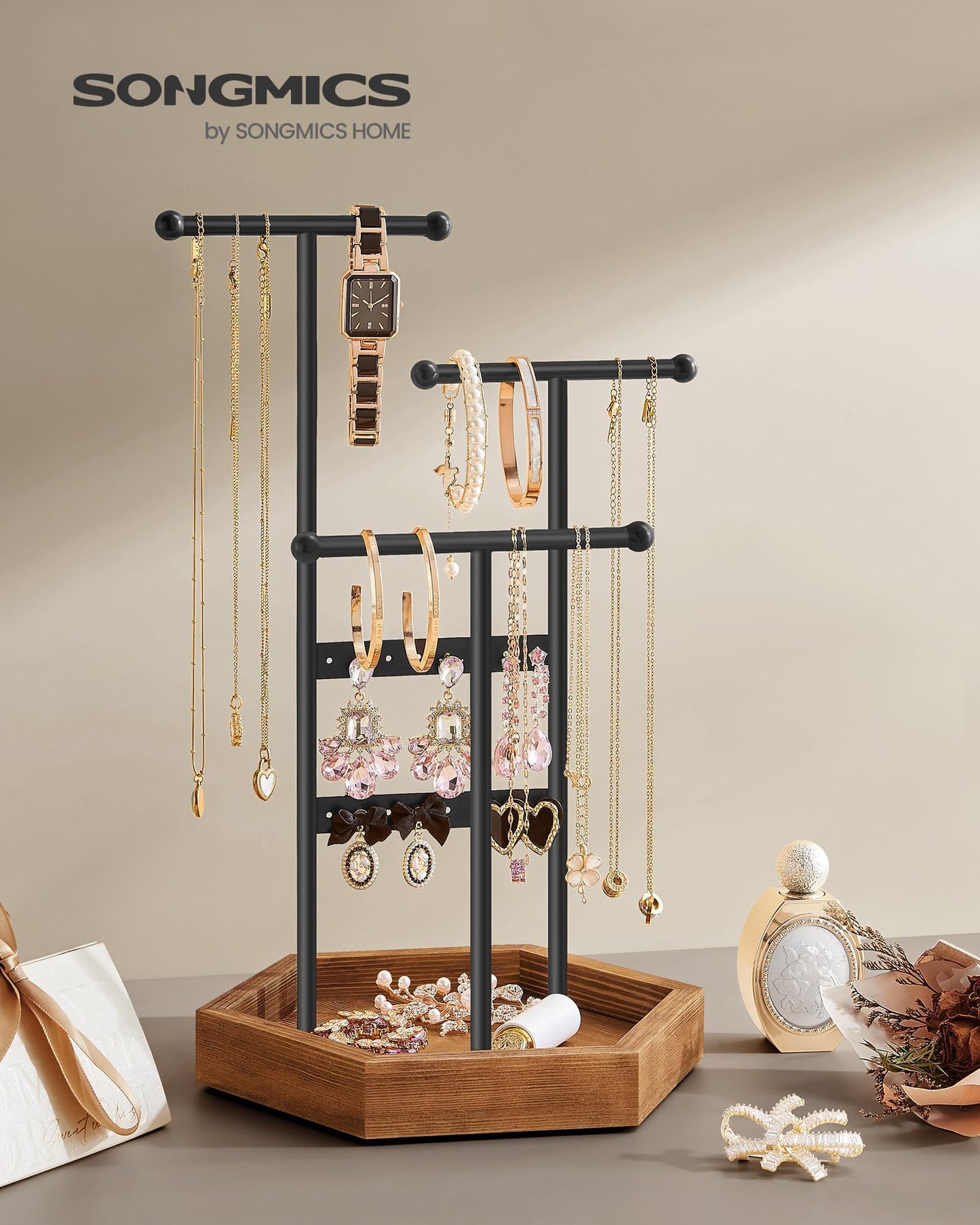 SONGMICS Jewelry Holder Organizer, 4 Independent Zones, Jewelry Display Stand, Metal Frame, Necklace Earring Bracelet Holder, for Rings, Valentine's Day Gift, Black and Caramel Brown UJJS03CB