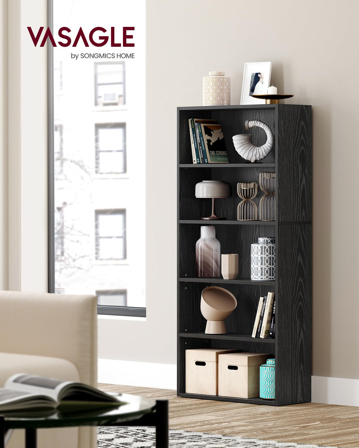 VASAGLE Bookshelf, 23.6 Inches Wide, 5-Tier Open Bookcase with Adjustable Storage Shelves, Floor Standing Unit, Ebony Black ULBC165T56 VASAGLE