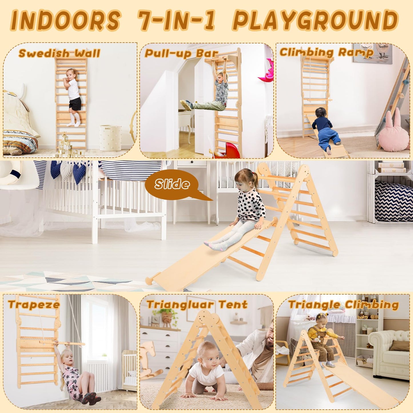 Homfstyi Swedish Ladder for Kids, 7 in-1 Swedish Ladder Wall Gym, Montessori Pikler Triangle Climbing Set with Slides, Climbing Wall and Pull-up Bar, Wooden Indoor Jungle Gym for Toddlers 2-6 Years