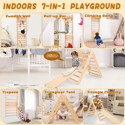 Homfstyi Swedish Ladder for Kids, 7 in-1 Swedish Ladder Wall Gym, Montessori Pikler Triangle Climbing Set with Slides, Climbing Wall and Pull-up Bar, Wooden Indoor Jungle Gym for Toddlers 2-6 Years