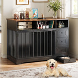 GarveeLife 48 Inch Large Dog Crate Furniture, Farmhouse Dog Kennel with Dog Bowl, 3 Drawers, 3 Open Drawers, Heavy Duty Dog Crate Table for Medium Small Dogs for Living Room, Entryway, Black GarveeLife