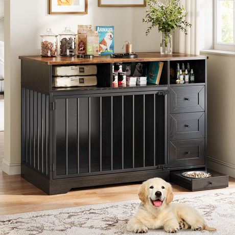 GarveeLife 48 Inch Large Dog Crate Furniture, Farmhouse Dog Kennel with Dog Bowl, 3 Drawers, 3 Open Drawers, Heavy Duty Dog Crate Table for Medium Small Dogs for Living Room, Entryway, Black GarveeLife