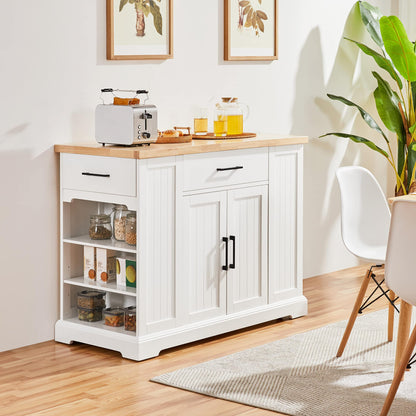 Yaheetech Rolling Kitchen Island Cart with 3 Drawers, Kitchen Storage Cabinet on Wheels with Open Shelves and Inner Adjustable Shelves for Dining Room/Living Room, Thicker Rubberwood Top, White