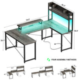 Unikito DIY U Shaped Computer Desk with Hutch, Reversible L Shaped Office Desk with Power Outlets and LED Strip, Customizable Large 98 Inch L Shape Gaming Corner Desk with Monitor Stand, Black Oak Unikito