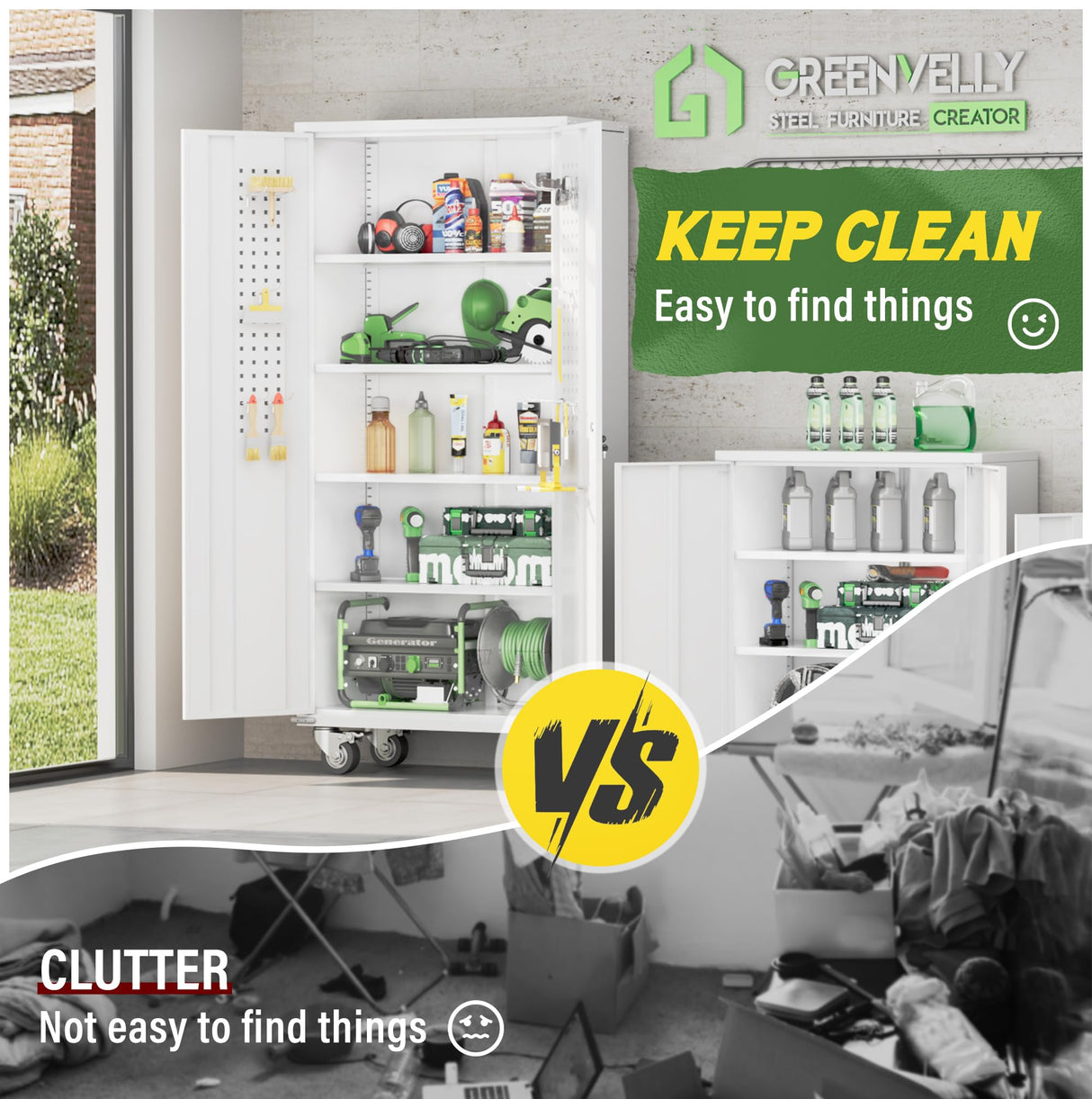 Greenvelly White Metal Storage Cabinet with Wheels, 72" Steel Garage Rolling Cabinet with Doors and 4 Shelves, Tall Locking Cabinets Tool Lockable Storage Cabinets for Basement, Pantry, Home Office Greenvelly