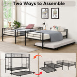 QSOSTNS Twin Over Twin Metal Bunk Bed with Trundle，Heavy Duty Bunk Beds Frame with 2 Side Ladders afety Guardrails and ladders for Kids/Teen/Adults, Easy to Assemble, No Box Spring Needed(Black) QSOSTNS