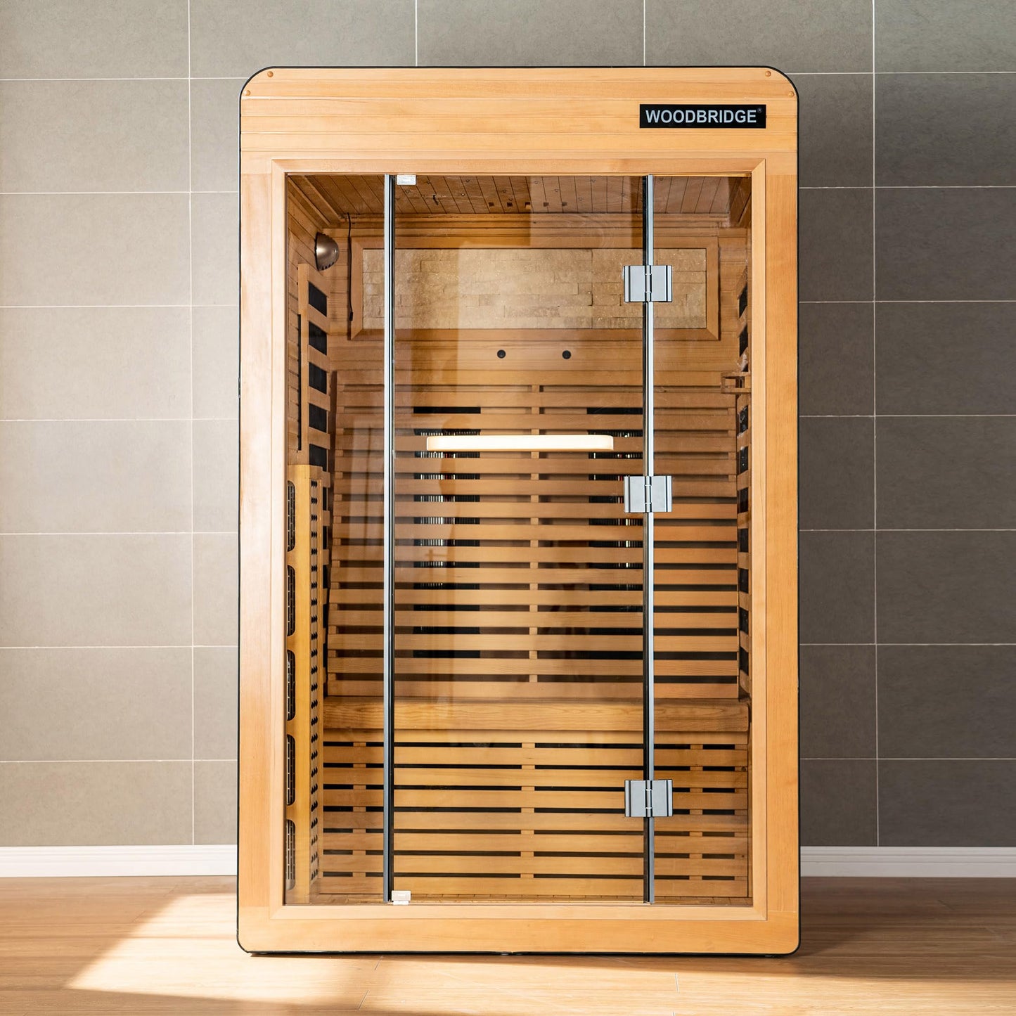 WOODBRIDGE Infrared Home Sauna Room 2 Person Hemlock Wooden Indoor Sauna,7 Carbon 2230W/120V Heaters,with Led Color Therapy Light,Bluetooth Speaker,Tempered Glass,Touch-Tone Keypad and A Top Vent