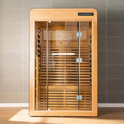 WOODBRIDGE Infrared Home Sauna Room 2 Person Hemlock Wooden Indoor Sauna,7 Carbon 2230W/120V Heaters,with Led Color Therapy Light,Bluetooth Speaker,Tempered Glass,Touch-Tone Keypad and A Top Vent