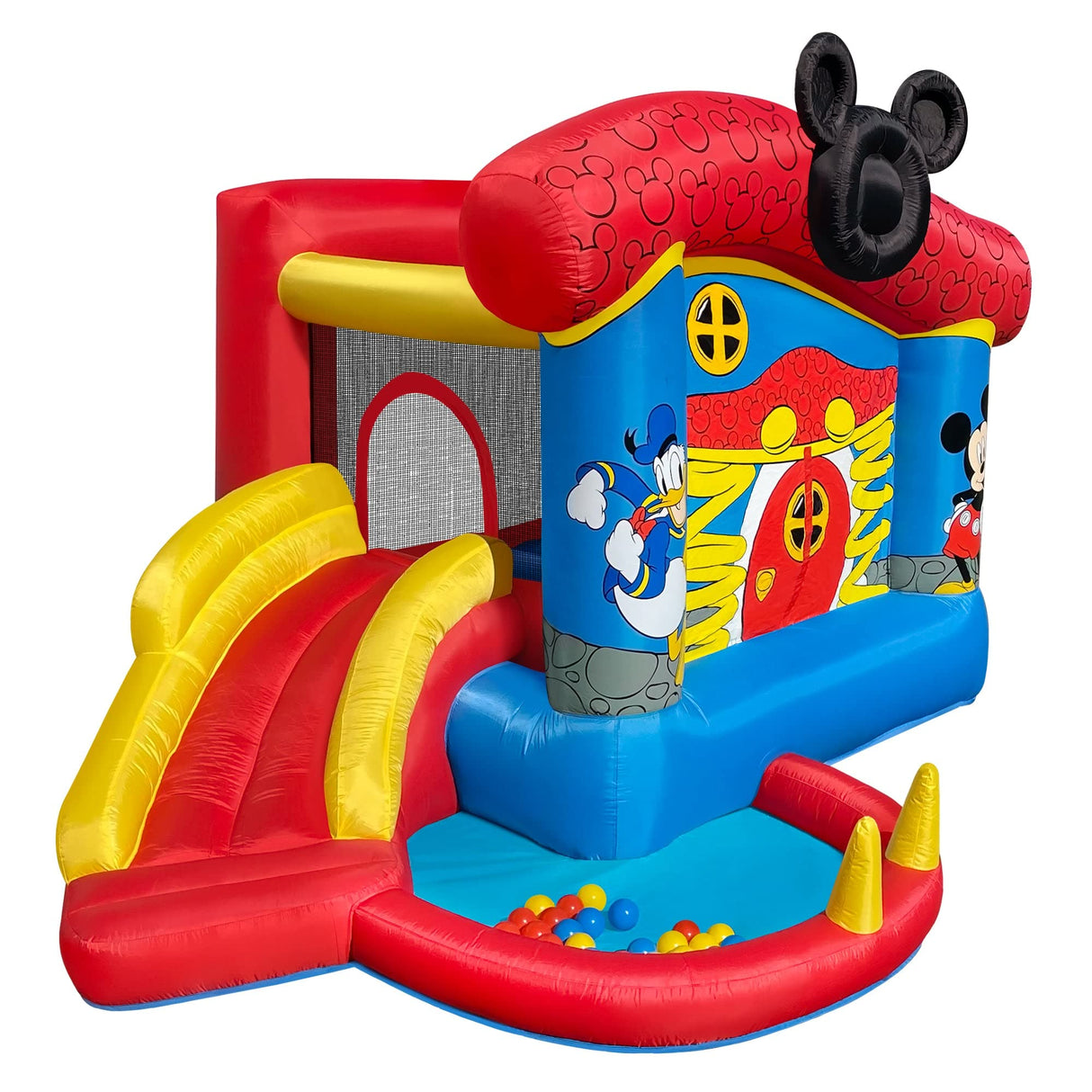 Funormous Disney Mickey Mouse Bounce House with Slide, Indoor Outdoor Inflatable Bouncy Castle Funhouse Ball Pit Plus Heavy Duty Air Blower Funormous
