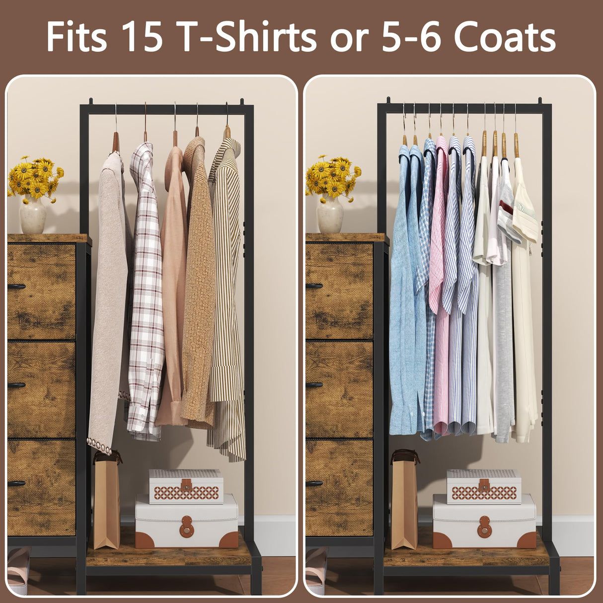AFLUI Dresser for Bedroom with Hanging Rack, 3 Drawers Dresser for Bedroom - Rustic Brown AFLUI