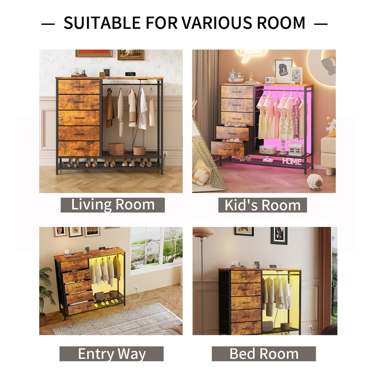 Dresser for Bedroom, Dresser with Hanging Rack Led Lights and Charging Station, Bedroom Dresser with 5 Fabric Chest of Drawers with PU Finish Storage Organizer, for Living Room Kids Room Closet, Brown SOOWERY