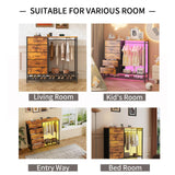 Dresser for Bedroom, Dresser with Hanging Rack Led Lights and Charging Station, Bedroom Dresser with 5 Fabric Chest of Drawers with PU Finish Storage Organizer, for Living Room Kids Room Closet, Brown SOOWERY