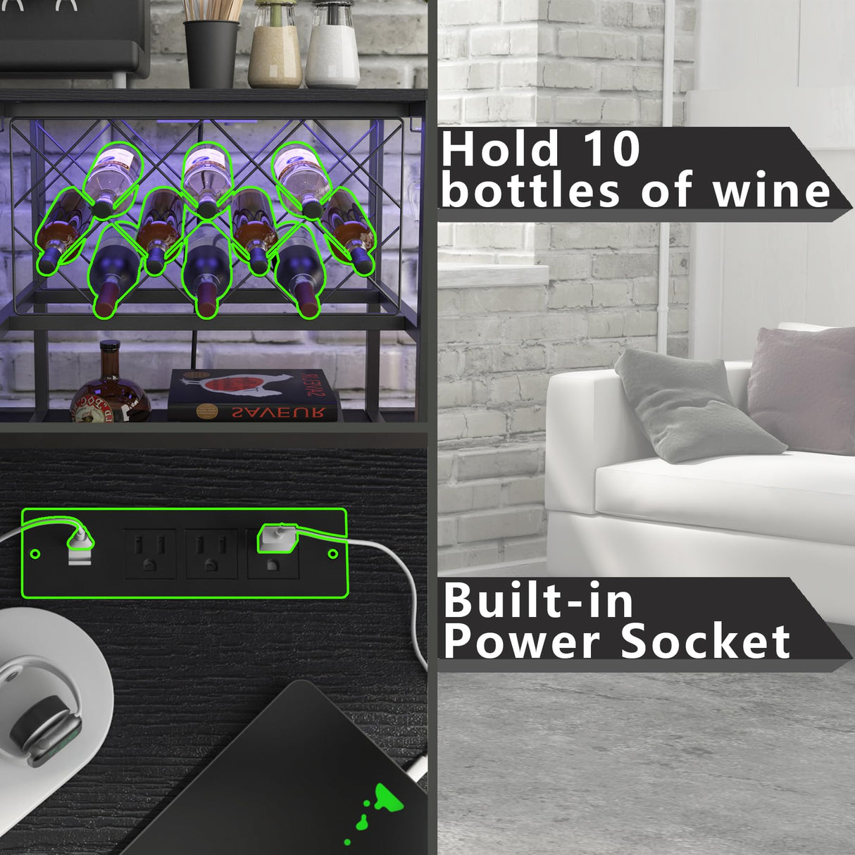 ZOPEND Wine Cabinet Coffee Table with Power Socket and LED Light, Three Tiers Coffee Bar Table Wine Rack Liqour Bar with Large Storage for Home Kitchen (Black) ZOPEND