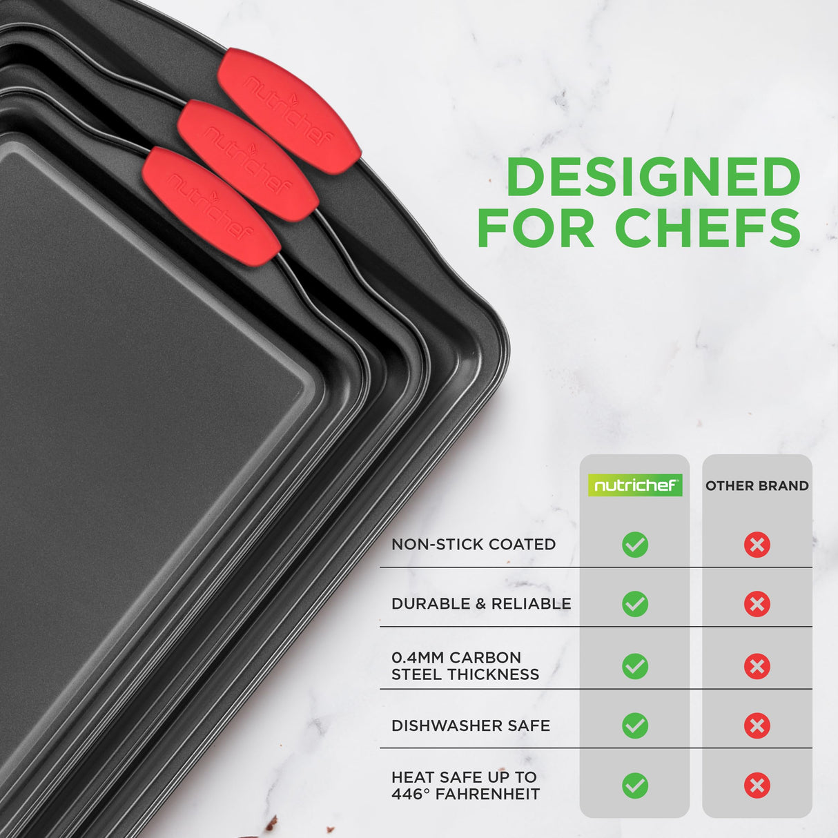 NutriChef 3-Piece Nonstick Kitchen Oven Baking Pans - Premium & Stylish Non-Stick Steel, Commercial Grade Restaurant Quality Metal Bakeware with Red Silicone Handles - Easy to Clean, NCSBS3S NutriChef
