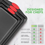 NutriChef 3-Piece Nonstick Kitchen Oven Baking Pans - Premium & Stylish Non-Stick Steel, Commercial Grade Restaurant Quality Metal Bakeware with Red Silicone Handles - Easy to Clean, NCSBS3S NutriChef