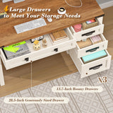YOMILUVE Farmhouse Executive Desk with Drawers, 47" Computer Desk with Power Outlets, Home Office Desk with Monitor Stand & 4 Drawers, Small Desk Writing Study Table, Antique White YOMILUVE