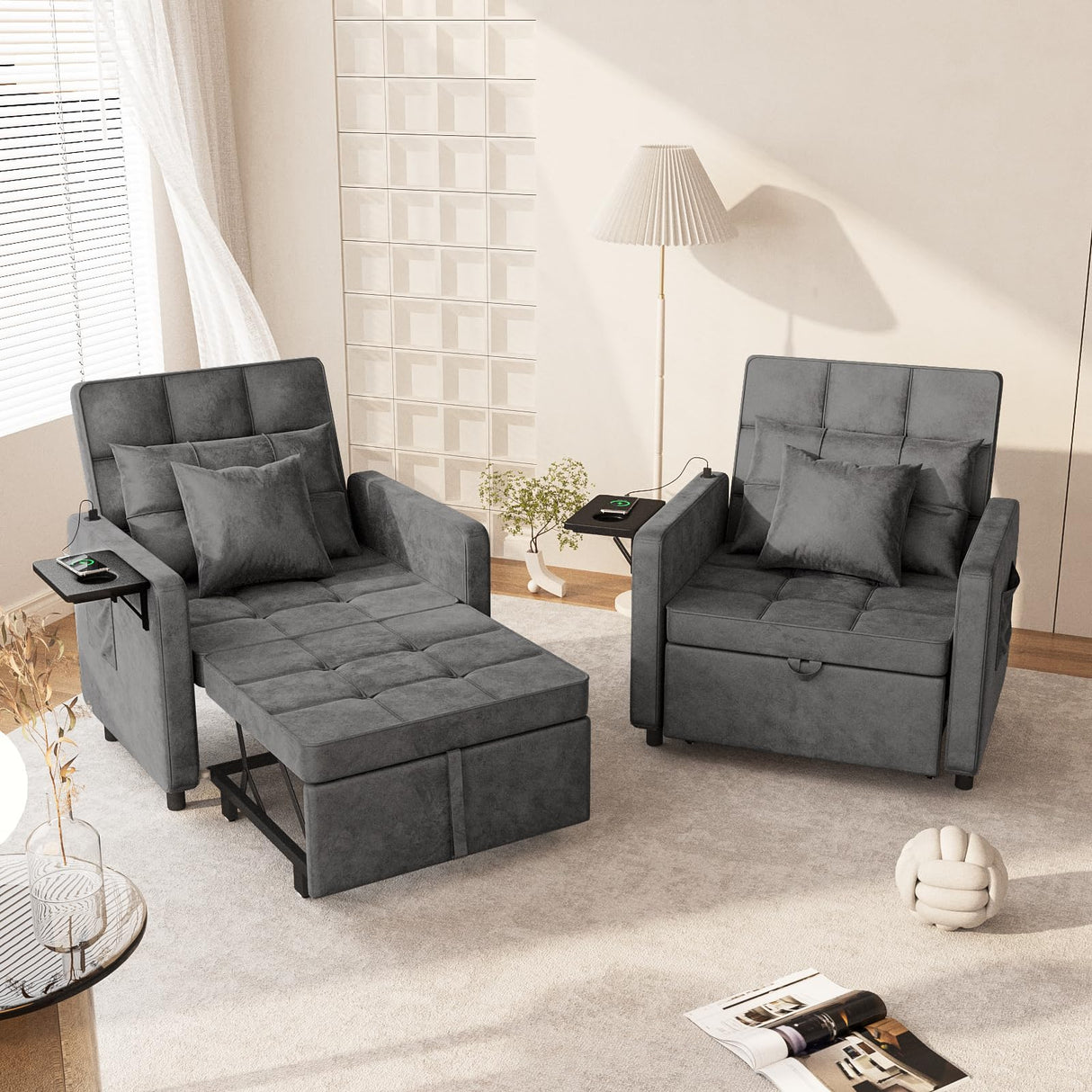 Vabches Sofa Bed Chair with Wing Table and USB Ports Outlet, 3-in-1 Sofa Chair Bed Couches with Two Pillows, Velvet Sleeper Chair with Adjustable Backrest, Easy Assembly, Dark Grey Vabches