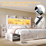 LUXOAK King Bed Frame with 49.6" Bookcase Headboard & 2 Bedside Stoage Racks & 4 Drawers, Farmhouse Wood Bed Frame with RGB LED & Charging Station, No Box Spring Needed, Distressed White LUXOAK