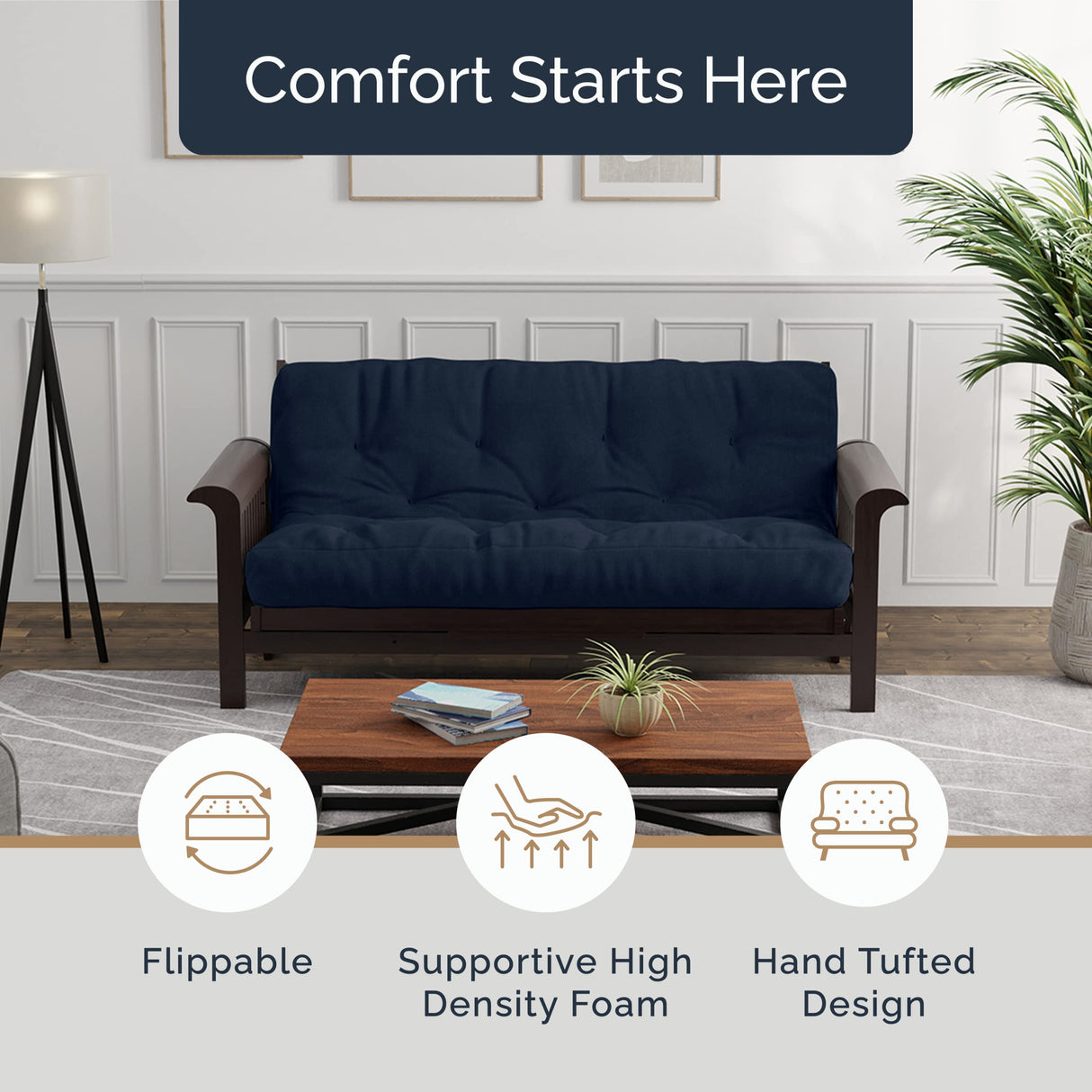 Loosh Premium Queen Size Sofa Bed Memory Foam Futon Mattress - 10" USA Made, Navy, No Frame Loosh