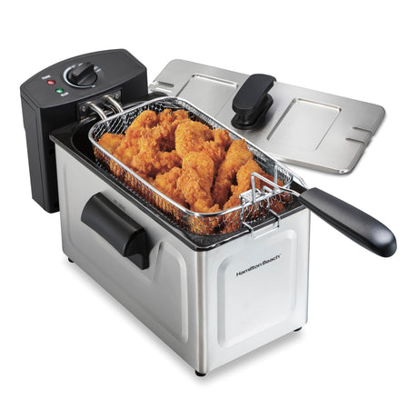 Hamilton Beach 35032 Professional Style Electric Deep Fryer, Frying Basket with Hooks, 1500 Watts, 3 Liters, Stainless Steel Hamilton Beach